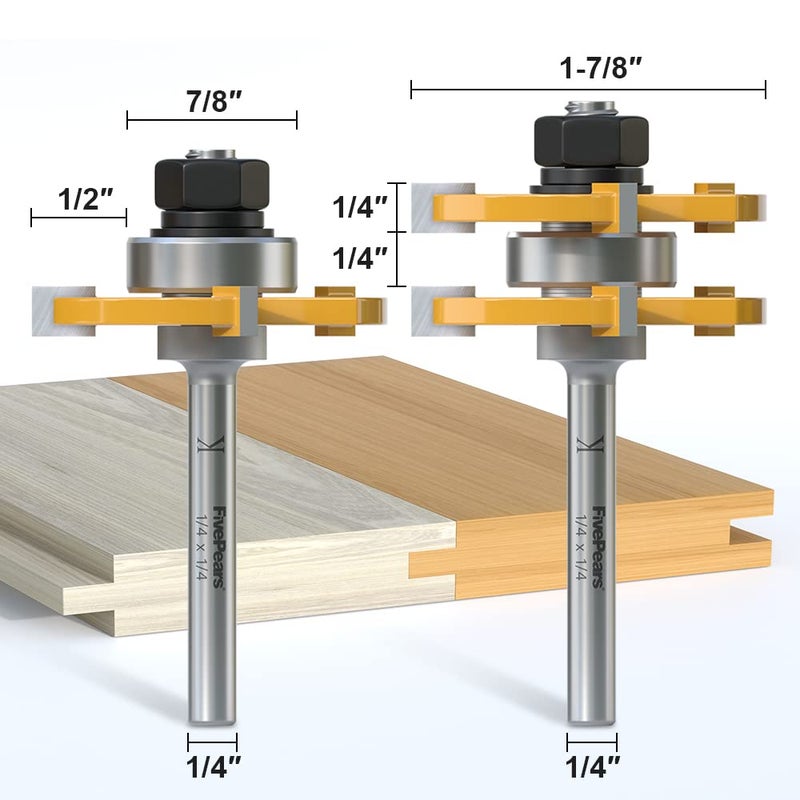 FivePears 2 Pieces of Tongue and Groove Router Bits Set with 1/4" Shank,3 Teeth T Shape Wood Milling Cutter Woodworking Tool - Image 1